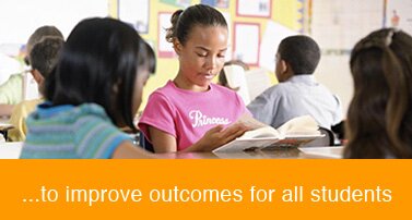 Photo: diverse group of students working together. Text title: '...to improve outcomes for all students'