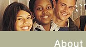 ABOUT. Photo slice: diverse group of three smiling students